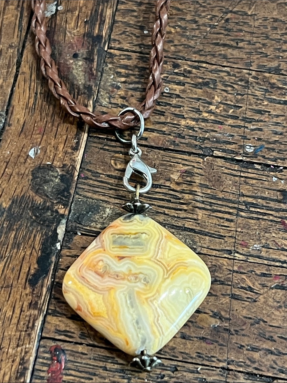 Handcrafted Yellow  Jasper  Agate Pendant Necklace - Brown Braided Cord